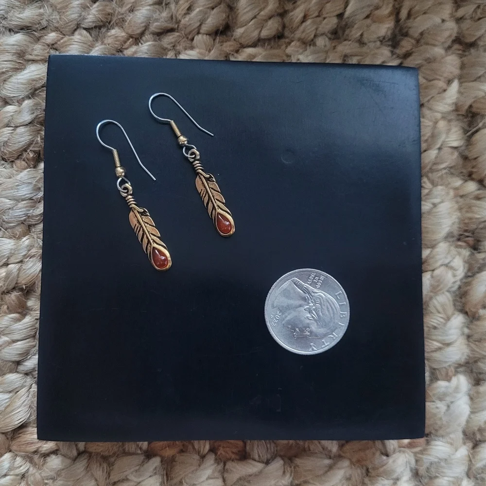 Brassy Feathered Dangle Earrings with Amber Colored Stone - Picture 3 of 4